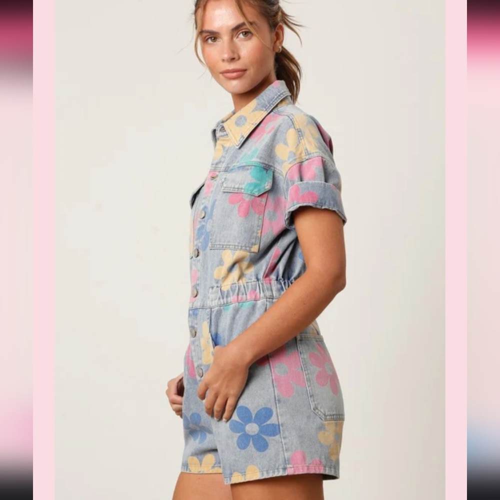 Peach Love California Denim Floral Romper in Pink, Yellow & Blue - Picture 3 of 6